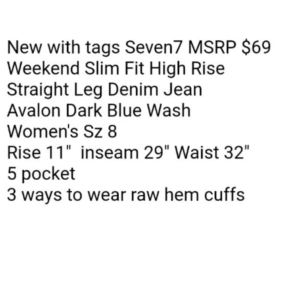 Seven7 Weekend Slim Fit High Rise Straight Leg Blue Denim Jeans Nwt